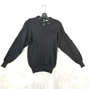 Vtg Sweater Women S Black Metallic Semi Sheer Embroidered High Neck Whimsigoth‎